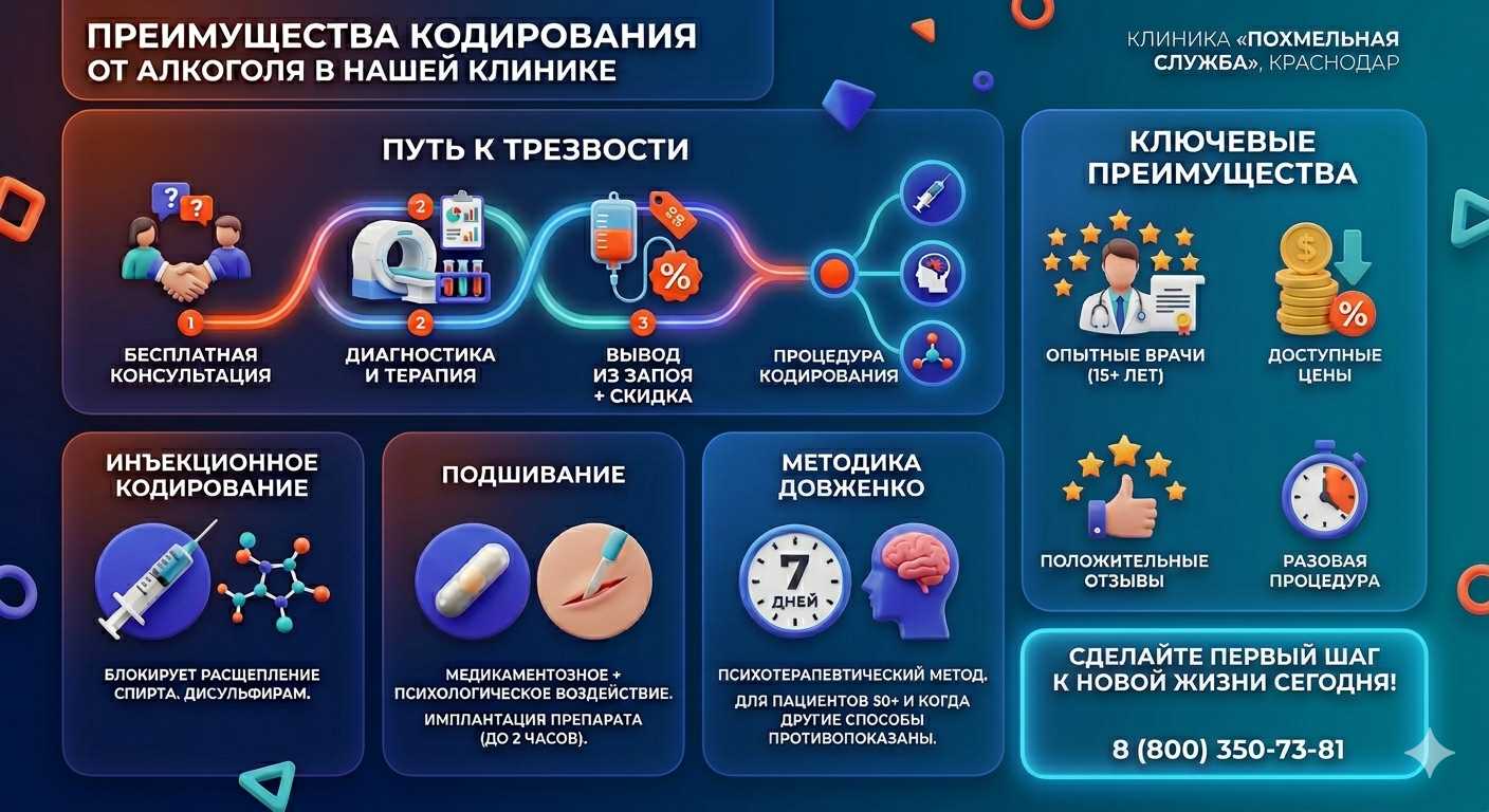 Инфографика о методах кодирования от алкоголя в Аксае: инъекции, подшивание, метод Довженко. Преимущества клиники и этапы лечения.